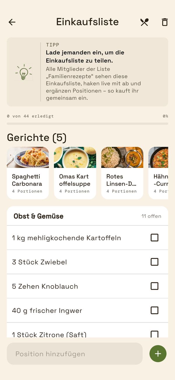 Einkaufsliste aus dem Essensplan, nach Kategorien sortiert