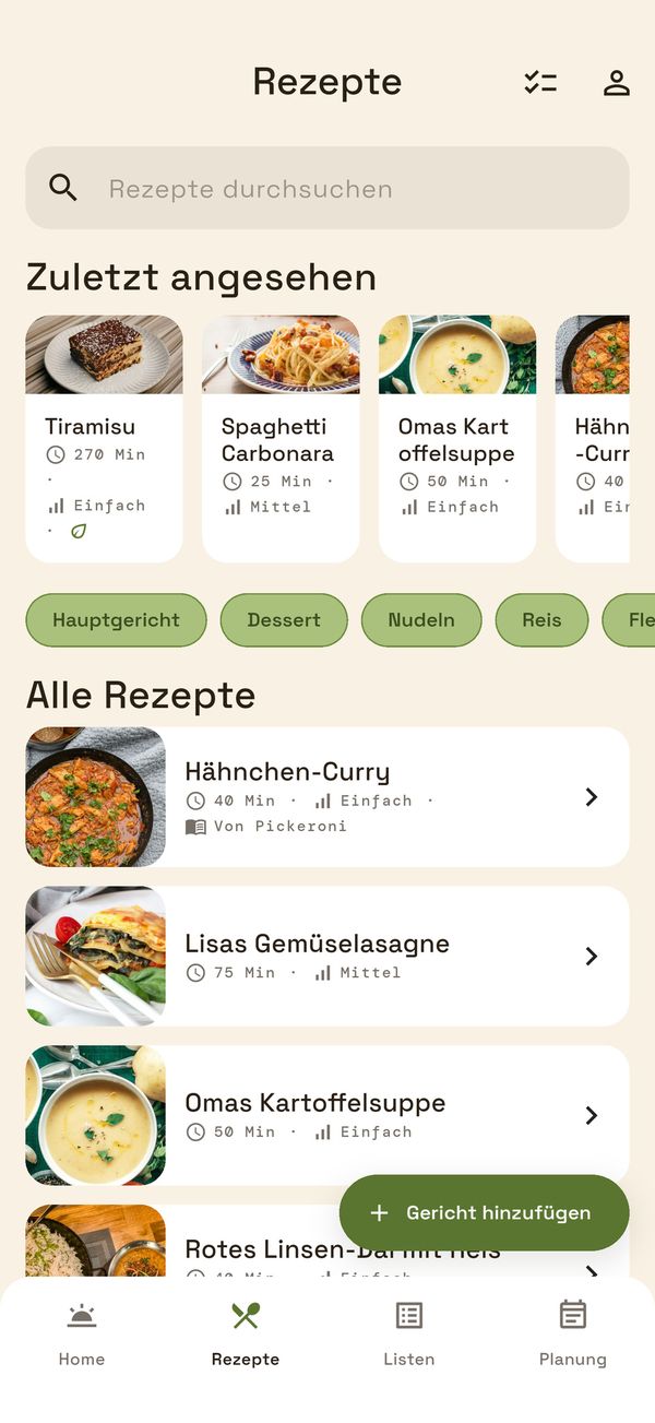 Rezepte-Tab mit zuletzt angesehenen Rezepten, Kategorien und allen Rezepten