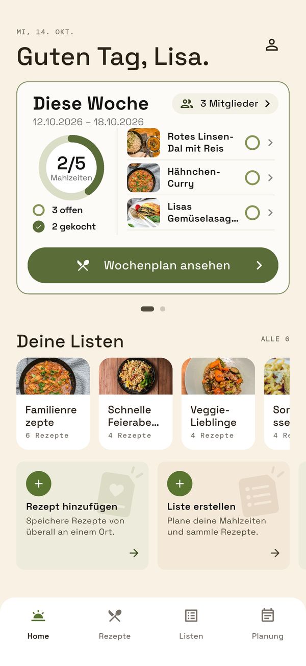 Pickeroni-Startseite mit Wochenplan „Diese Woche“ und den eigenen Listen